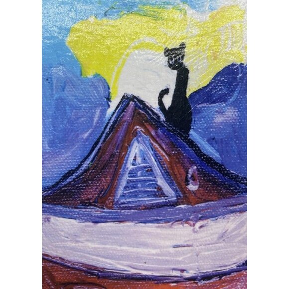 Collage Art Cat On The Roof Handmade Jazz Player Musician Wood Trombone Colorful - Picture 10 of 16